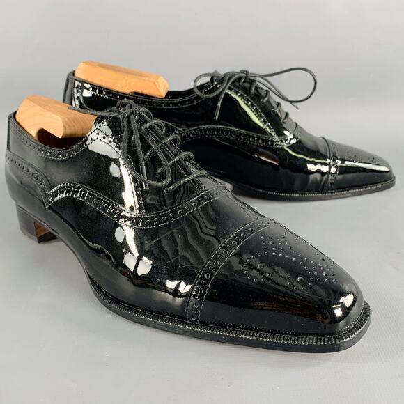 MANOLO BLAHNIK Size 10.5 Black Perforated Patent Leather Cap Toe Shoes - Picture 1 of 8